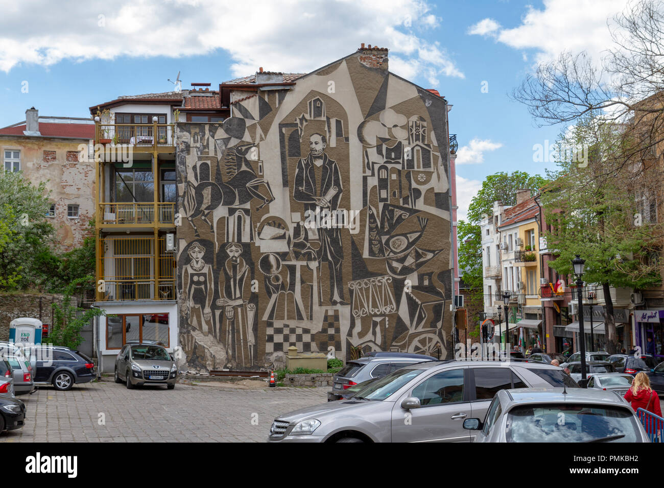 large wall mural on a building side in the Old Town area of Plovdiv, Bulgaria. Stock Photo