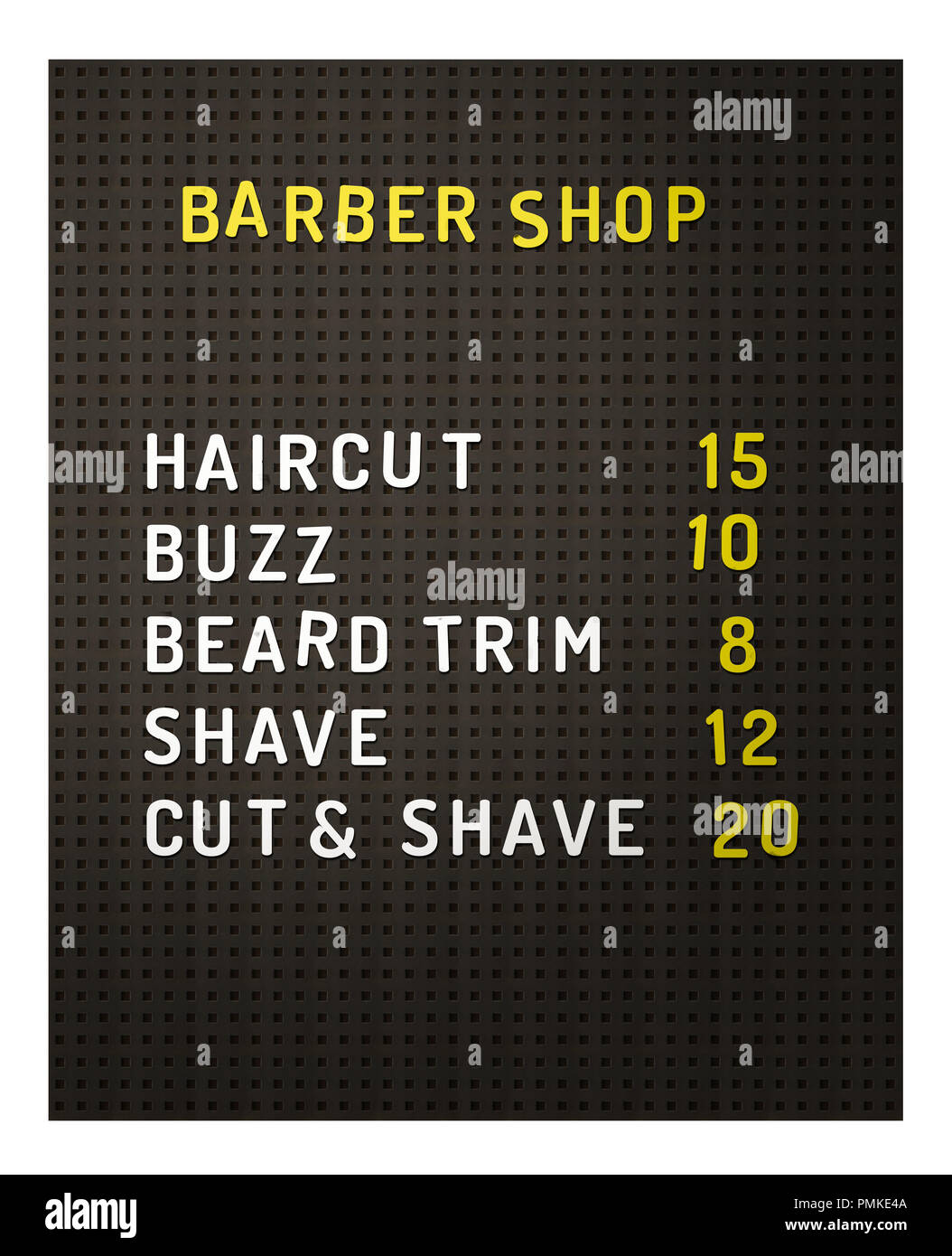 Isolated Retro Vintage Black Peg Board At A Barber Shop With Prices On A White Background Stock Photo