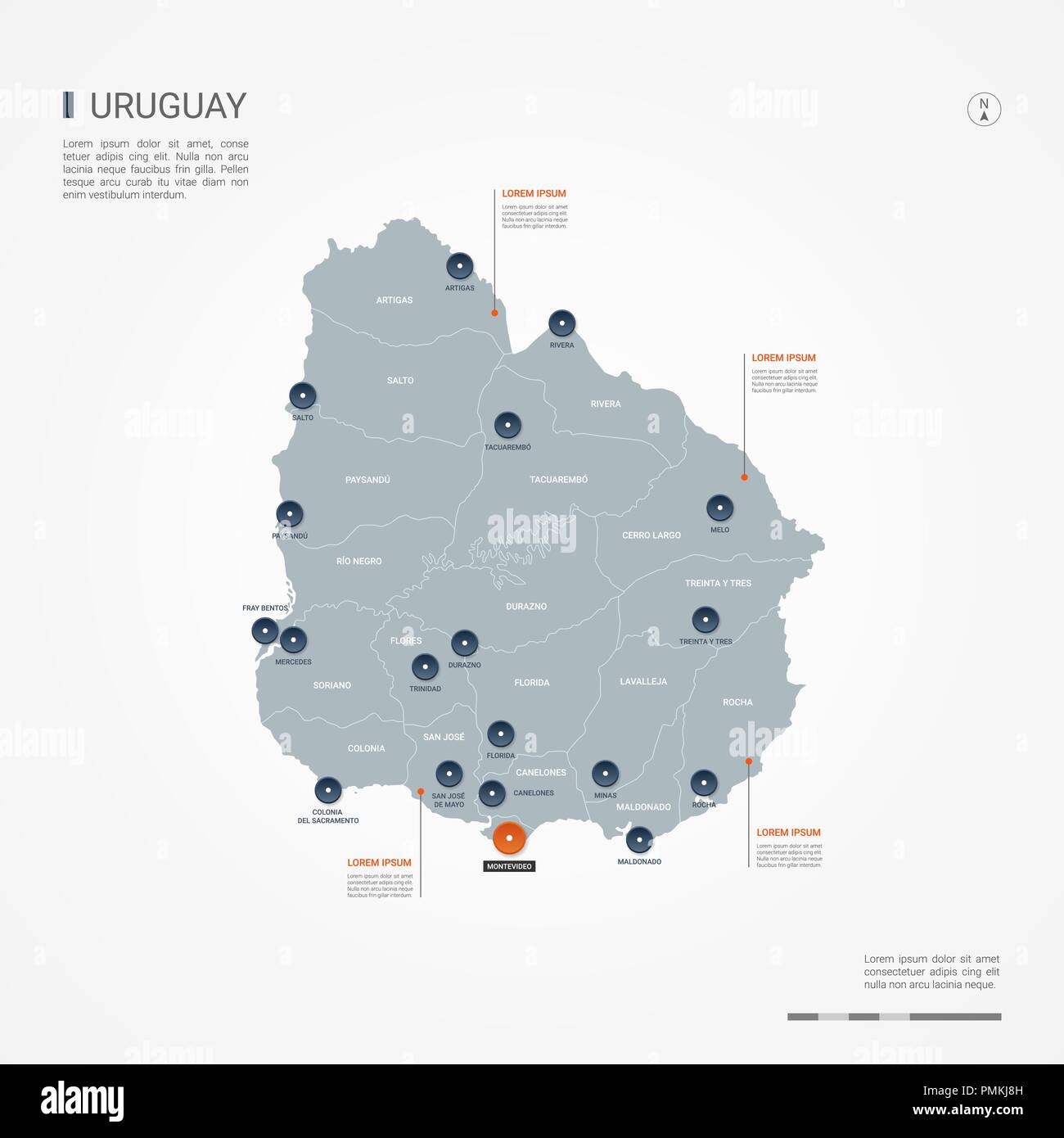 Uruguay map with borders, cities, capital and administrative divisions