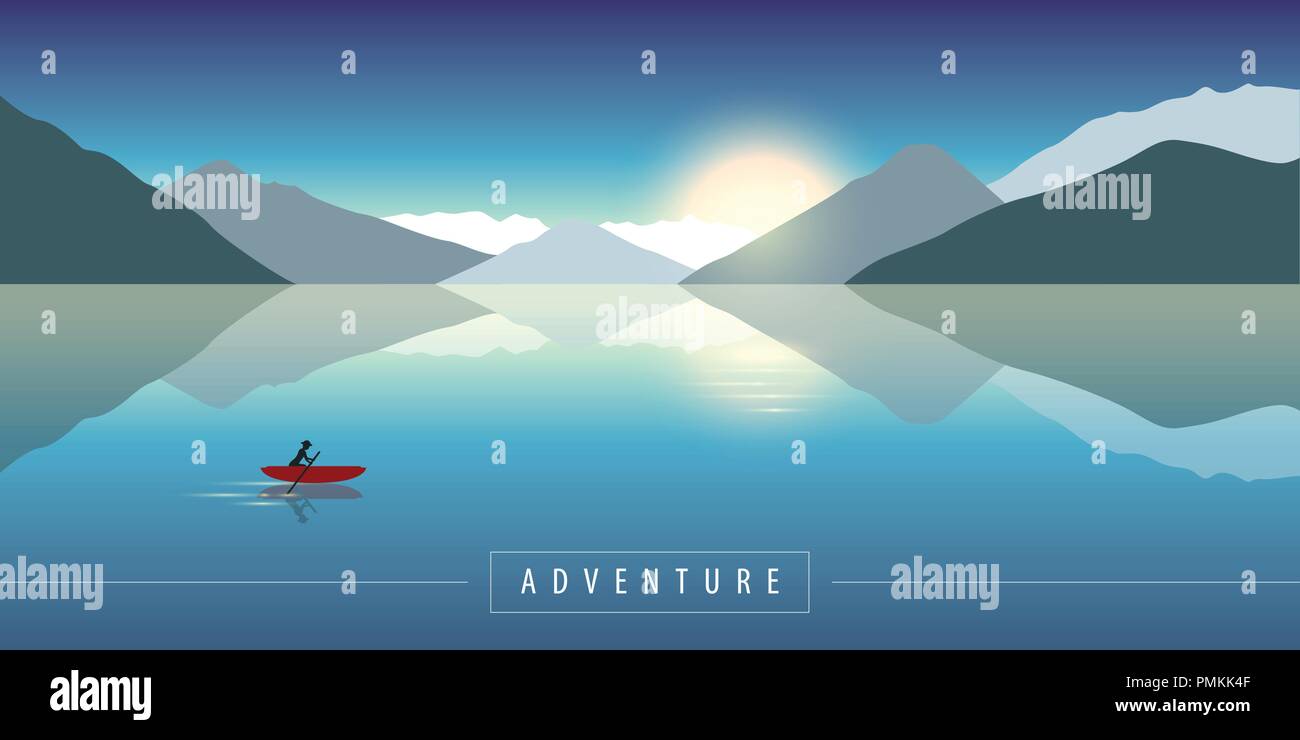 adventure in the nature canoeing on a calm sea with mountain view vector illustration EPS10 Stock Vector
