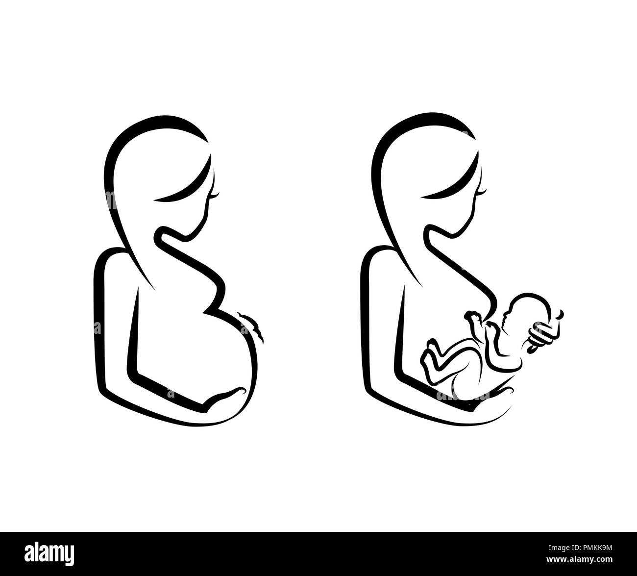 Drawing Linear Beautiful Woman Pregnant And With Baby In Her Arm Vector Illustration Stock Vector Image Art Alamy
