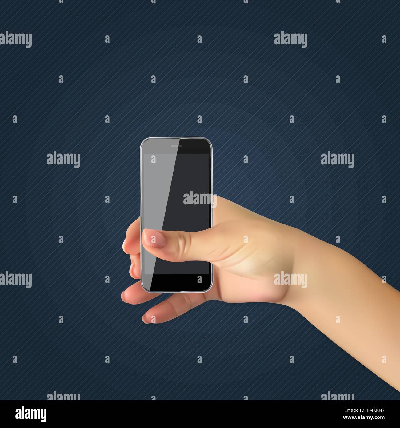 Realistic hand of man holds mobile phone, smartphone. Vector Illustration Stock Vector
