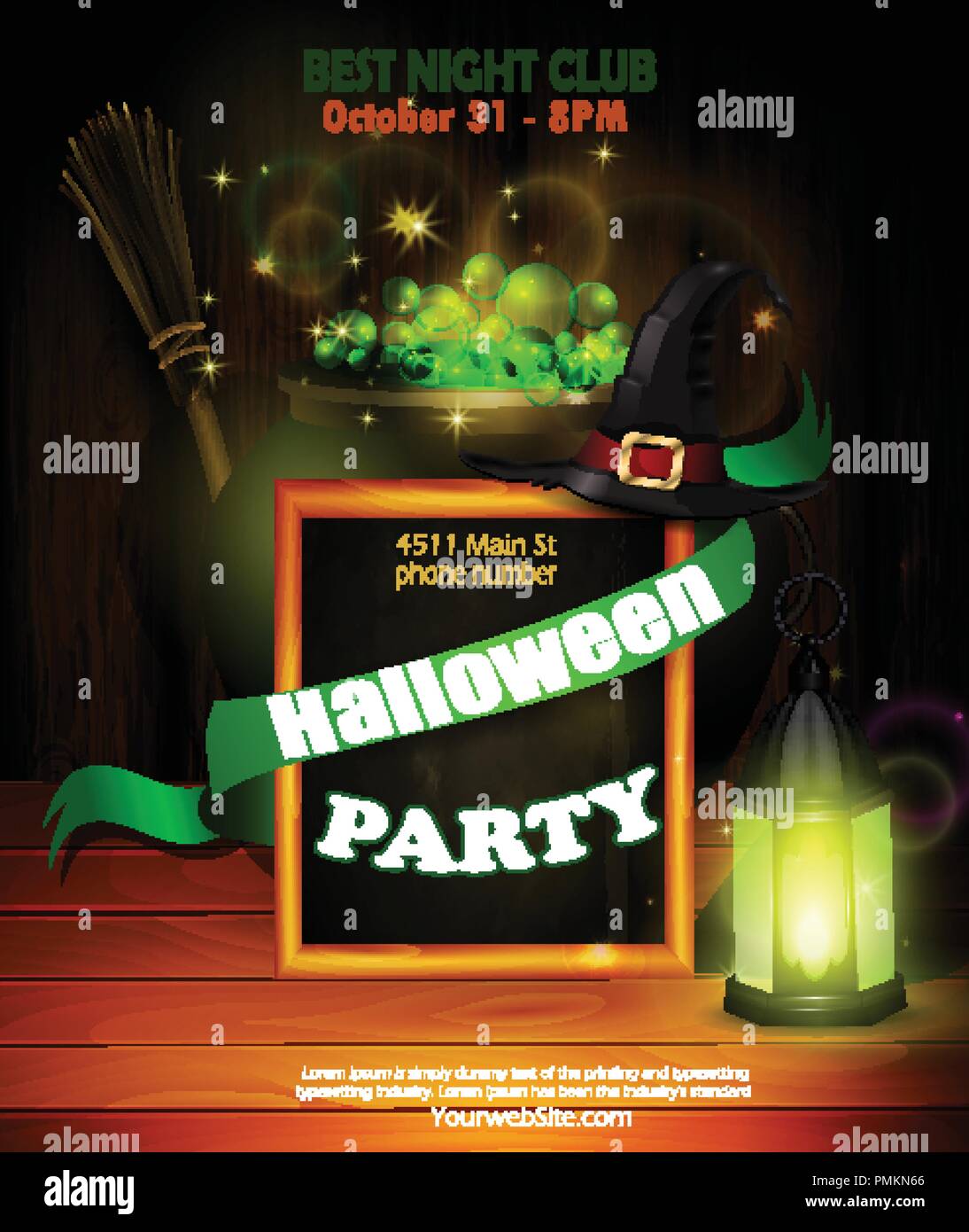 Halloween party invitation on wooden wall background Stock Vector Image