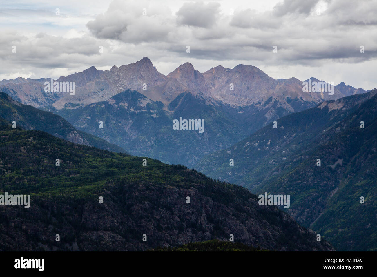 A big view of the South San Juan mountains is a beautiful sight to behold Forested landscapes rise steeply through subalpine to alpine environments Stock Photo