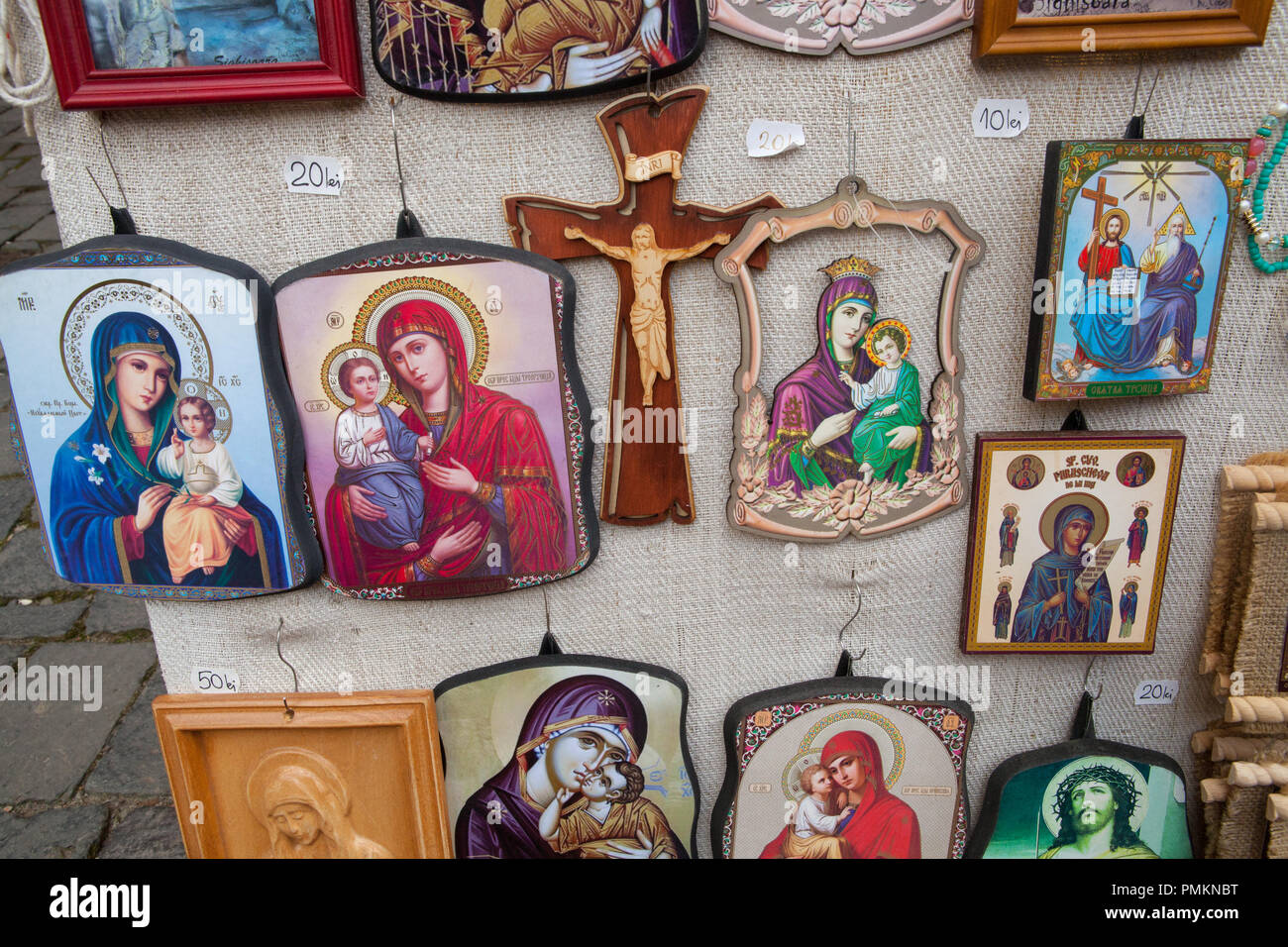 Display of religious icons for sale in Sighisoara Stock Photo