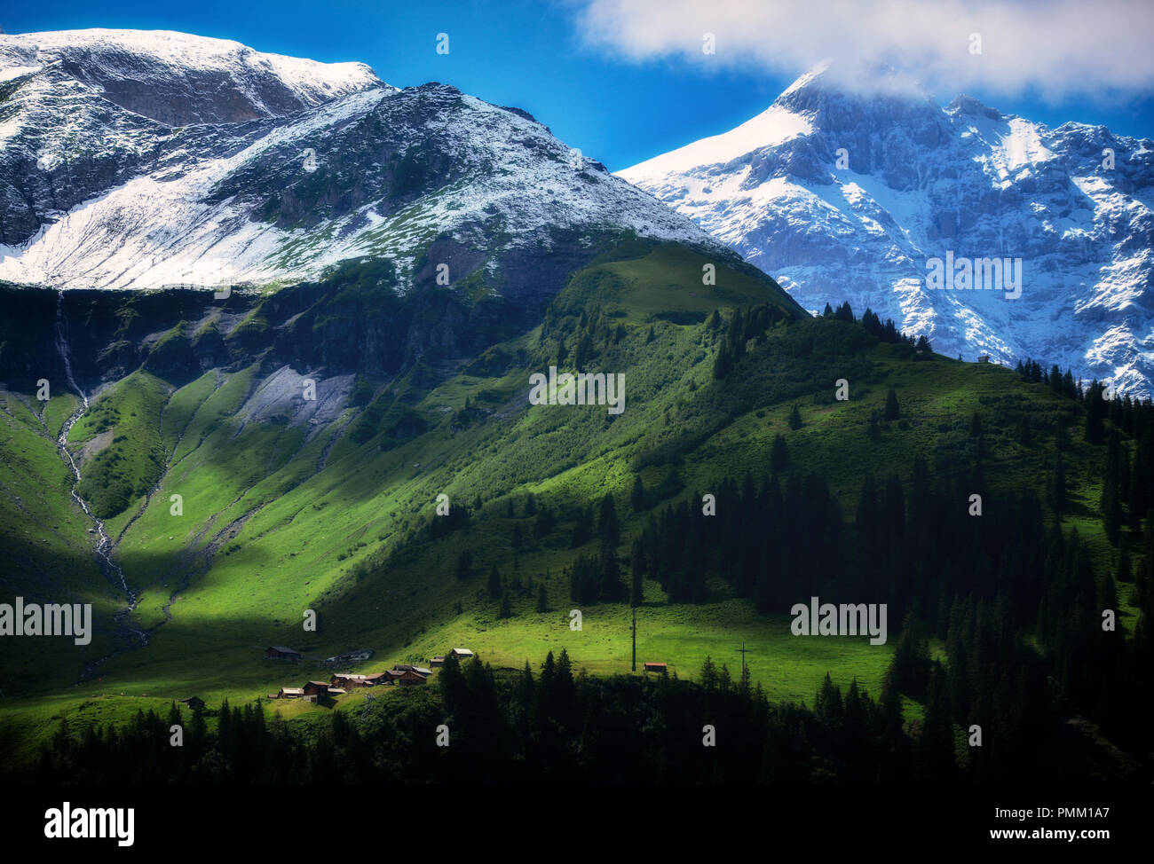 Alpine village and mountain landscape, Switzerland Stock Photo - Alamy