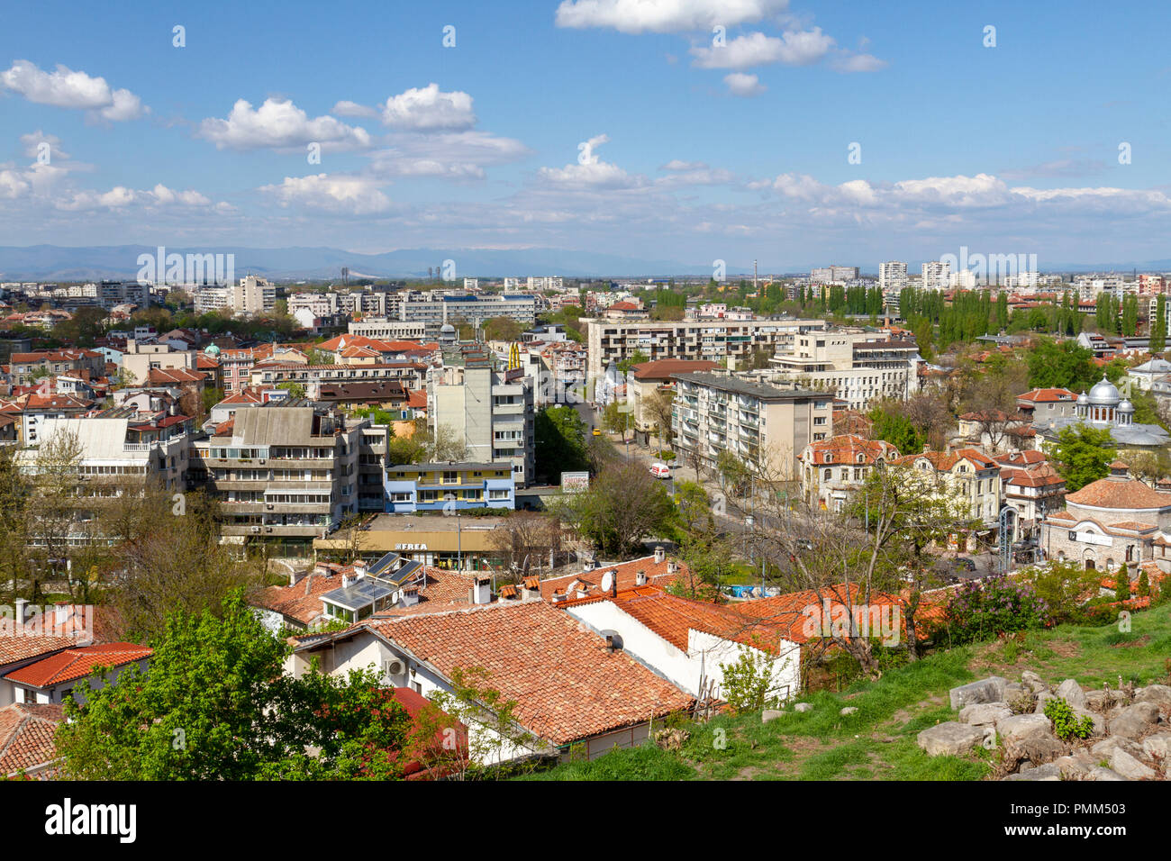 View of the city from the architectural complex on Nebet Tepe, one of the five hills in Plovdiv, Bulgaria. Stock Photo