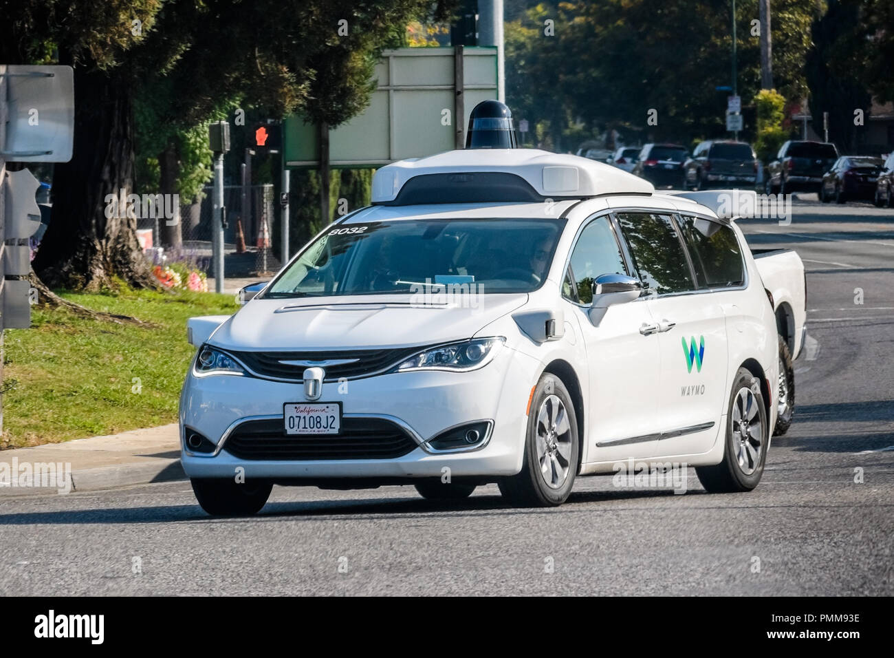 August 19, 2018 Mountain View / CA / USA - Waymo self driving car performing tests on a street near Google's headquarters, Silicon Valley Stock Photo