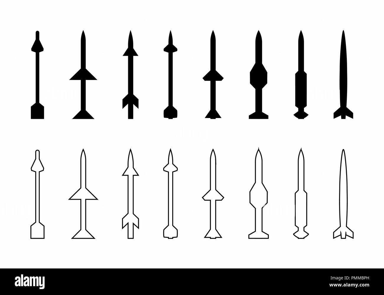 Set of silhouettes and contours of missiles of different types Stock Vector