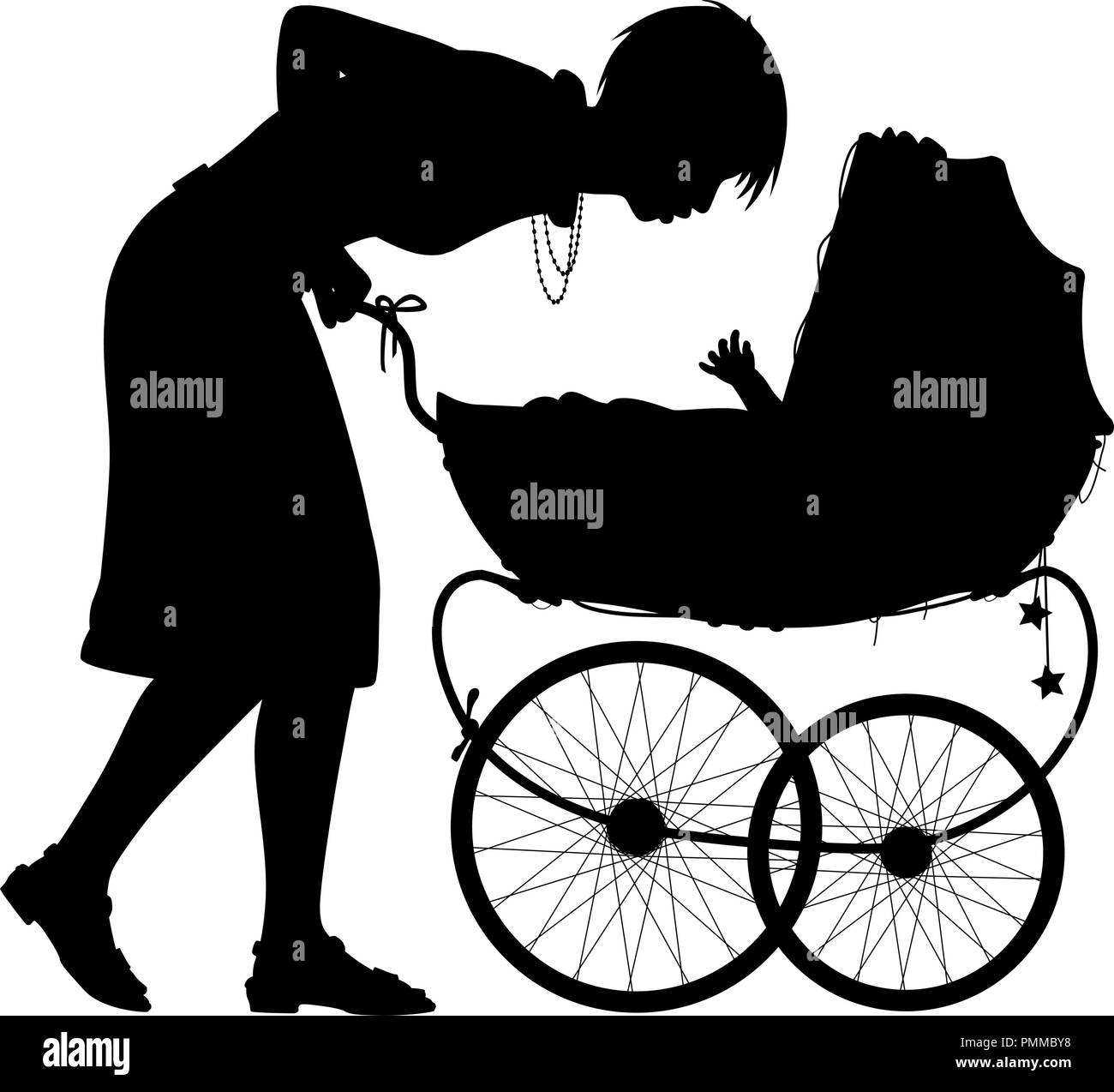 Editable vector silhouette of a young mother interacting with her baby in a pram with mother as a separate element Stock Vector