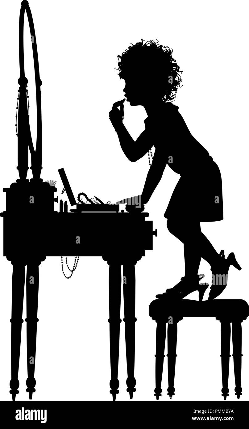 Editable vector silhouette of a young girl putting on makeup at her mother’s dressing table with elements as separate objects Stock Vector