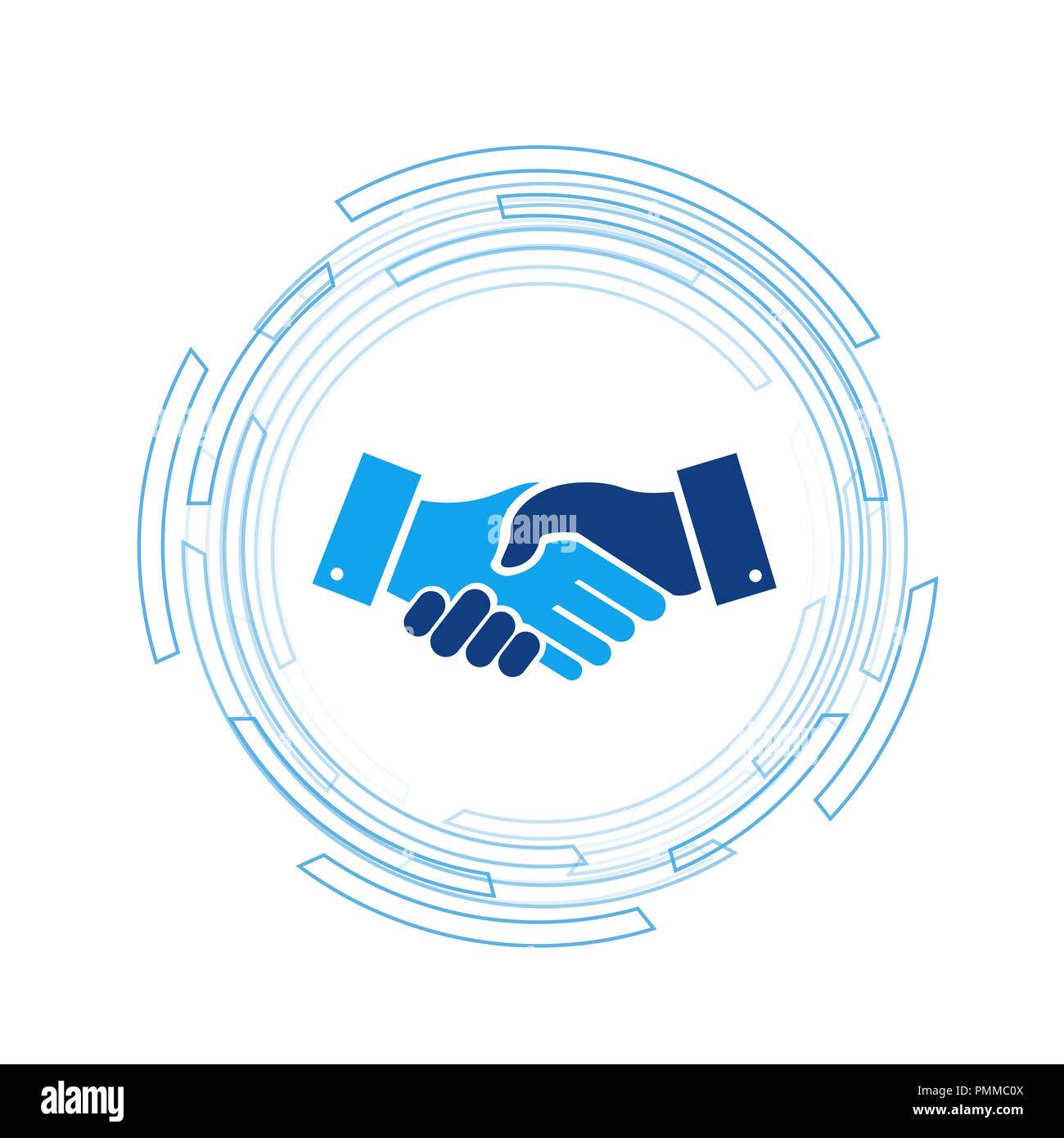 business handshake over a tech turning circle . vector illustration design over white background. Stock Photo