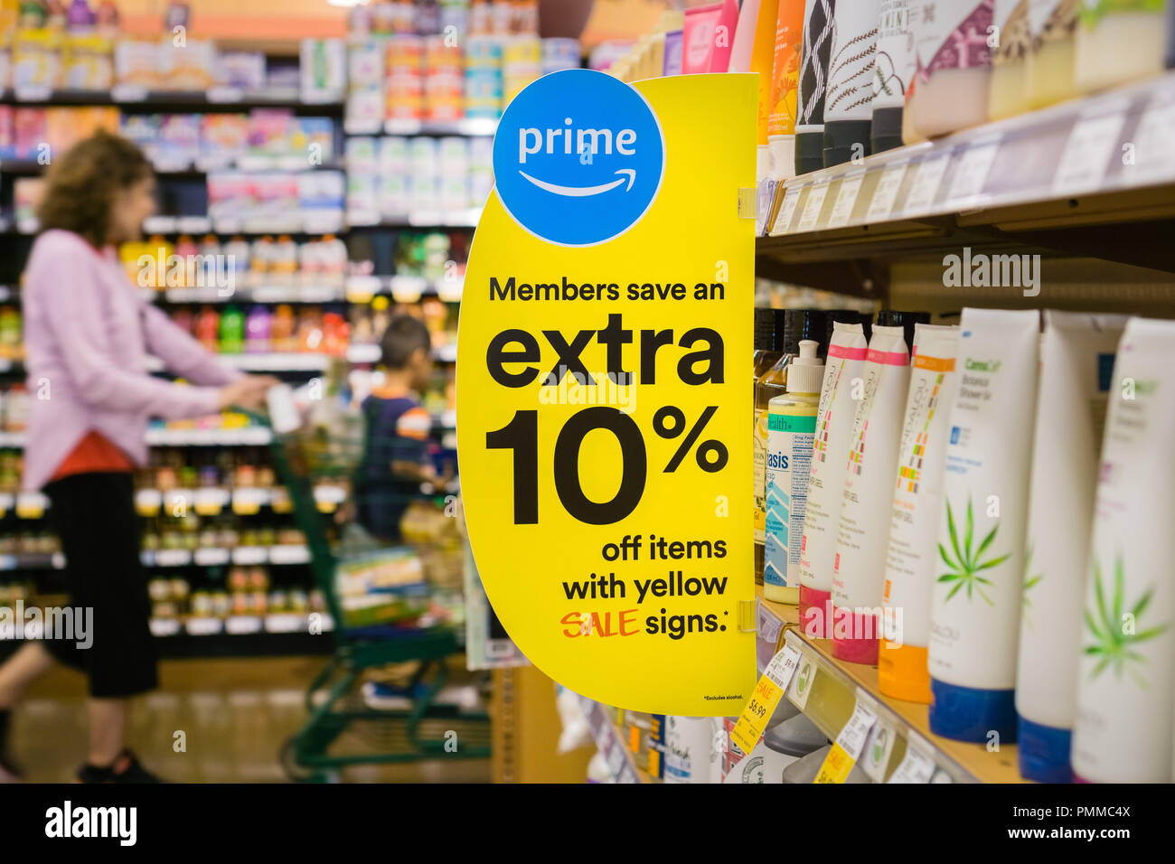 August 30, 2018 Los Altos / CA / USA - Sign advertising that Amazon offers additional discounts for Prime members at the Whole Foods stores Stock Photo