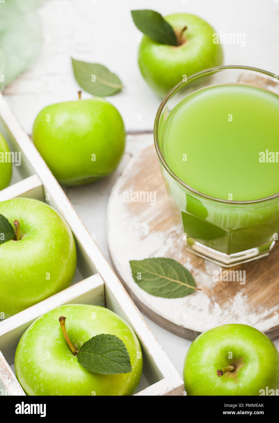 Glass Fresh Organic Apple Juice Green Apples Box Wood Background