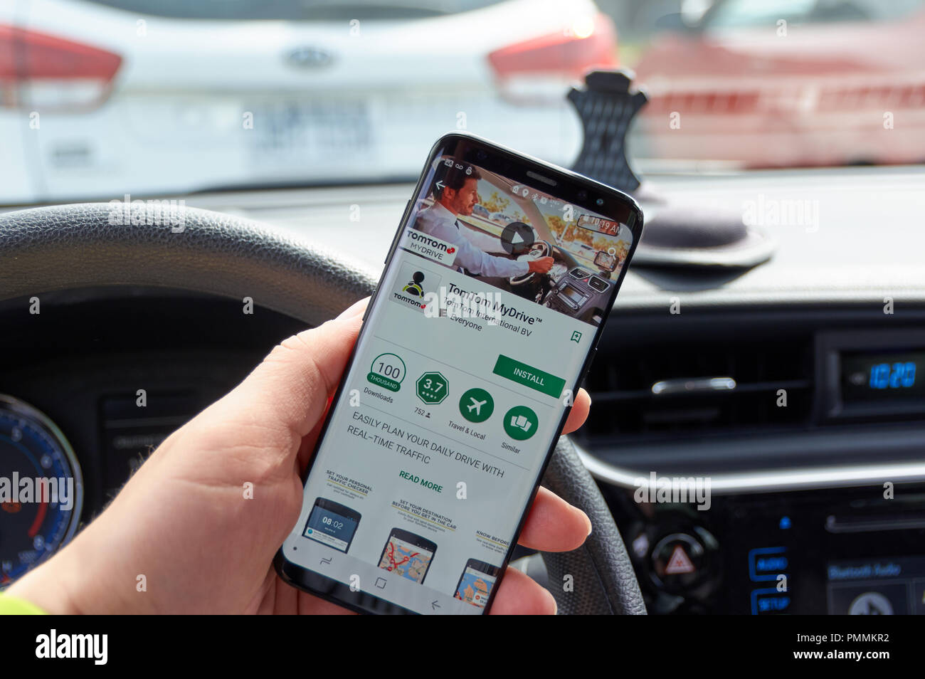 MONTREAL, CANADA AUGUST 8, 2018: TomTom MyDrive application on cell phone screen in car. is one of the gps navigation services Stock Photo - Alamy