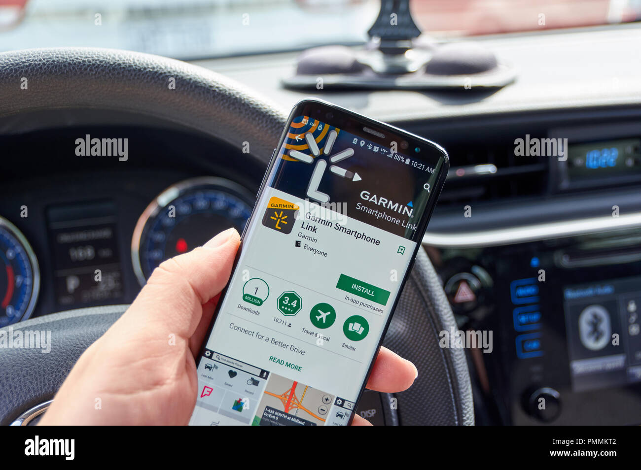 MONTREAL, CANADA - AUGUST 8, 2018: Garmin Smartphone Link application on a  cell phone screen in a car. Garmin is one of the popular gps navigation ser  Stock Photo - Alamy