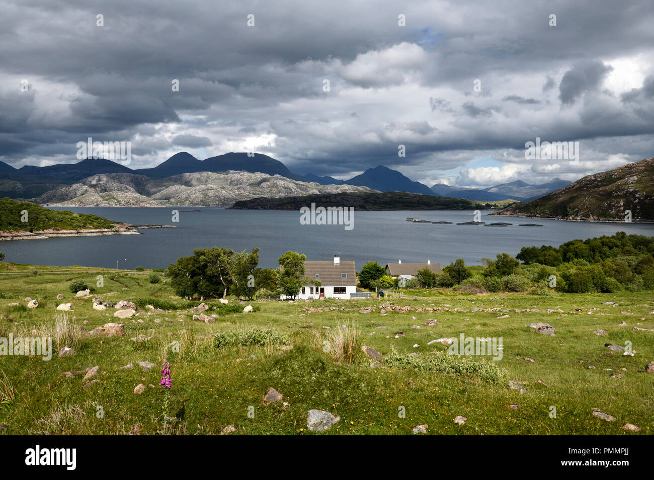 House at rocky Kenmore on Loch a Chracaich of Loch Torridon with sheep and fish farm pens Scottish Highlands Scotland UK Stock Photo