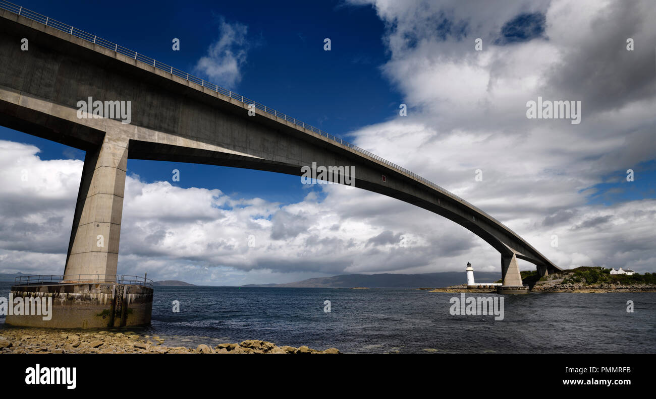 Skye Bridge to Isle of Skye over Kyle Akin Strait from Inner Sound to Loch Alsh and Eilean Ban Island with white Kyleakin lighthouse Scotland Stock Photo