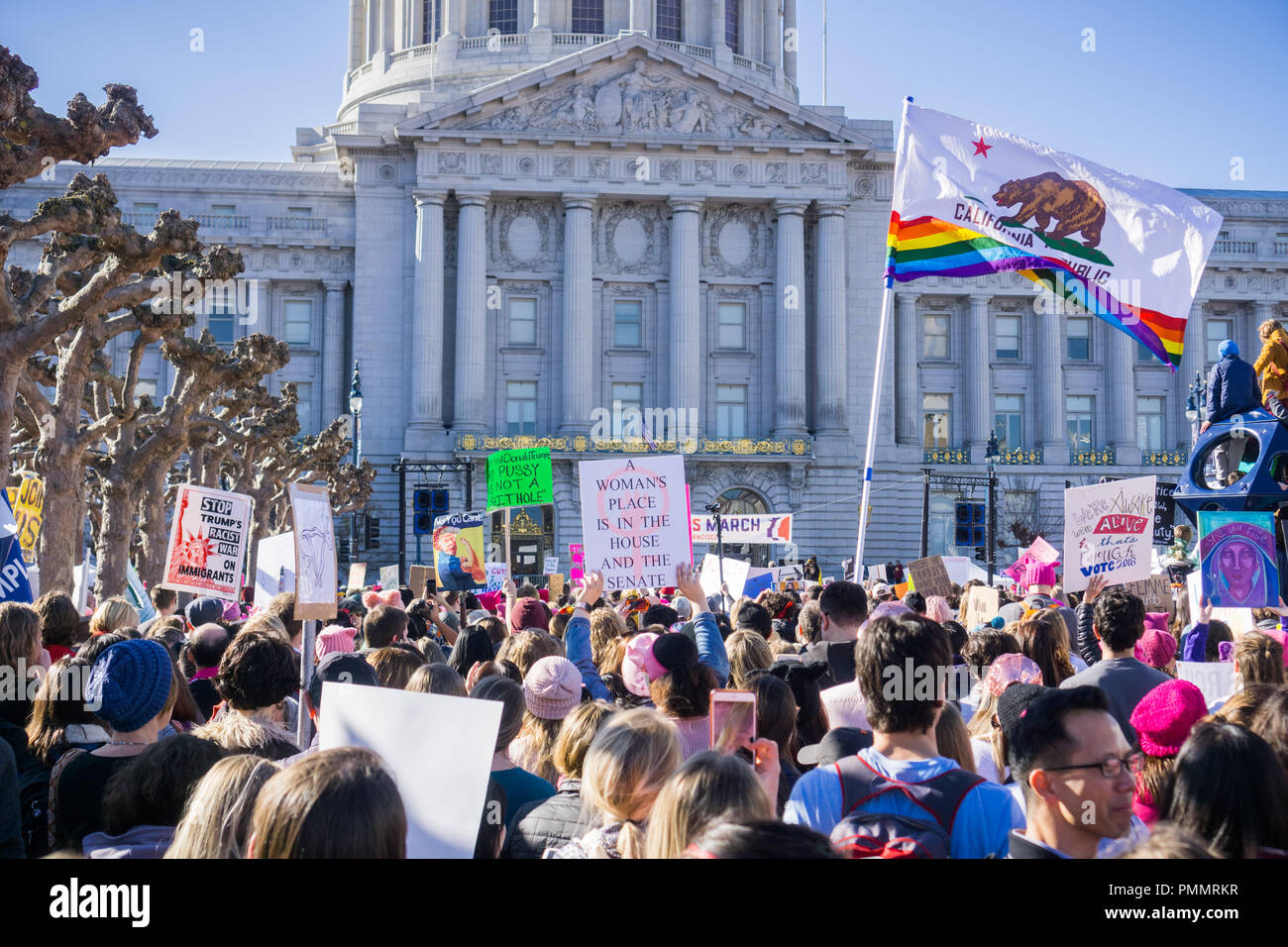 January 20, 2018 San Francisco / CA / USA - Crowds gathered in front of the City Hall in the Civic Center Plaza for the rally before the Women's March Stock Photo