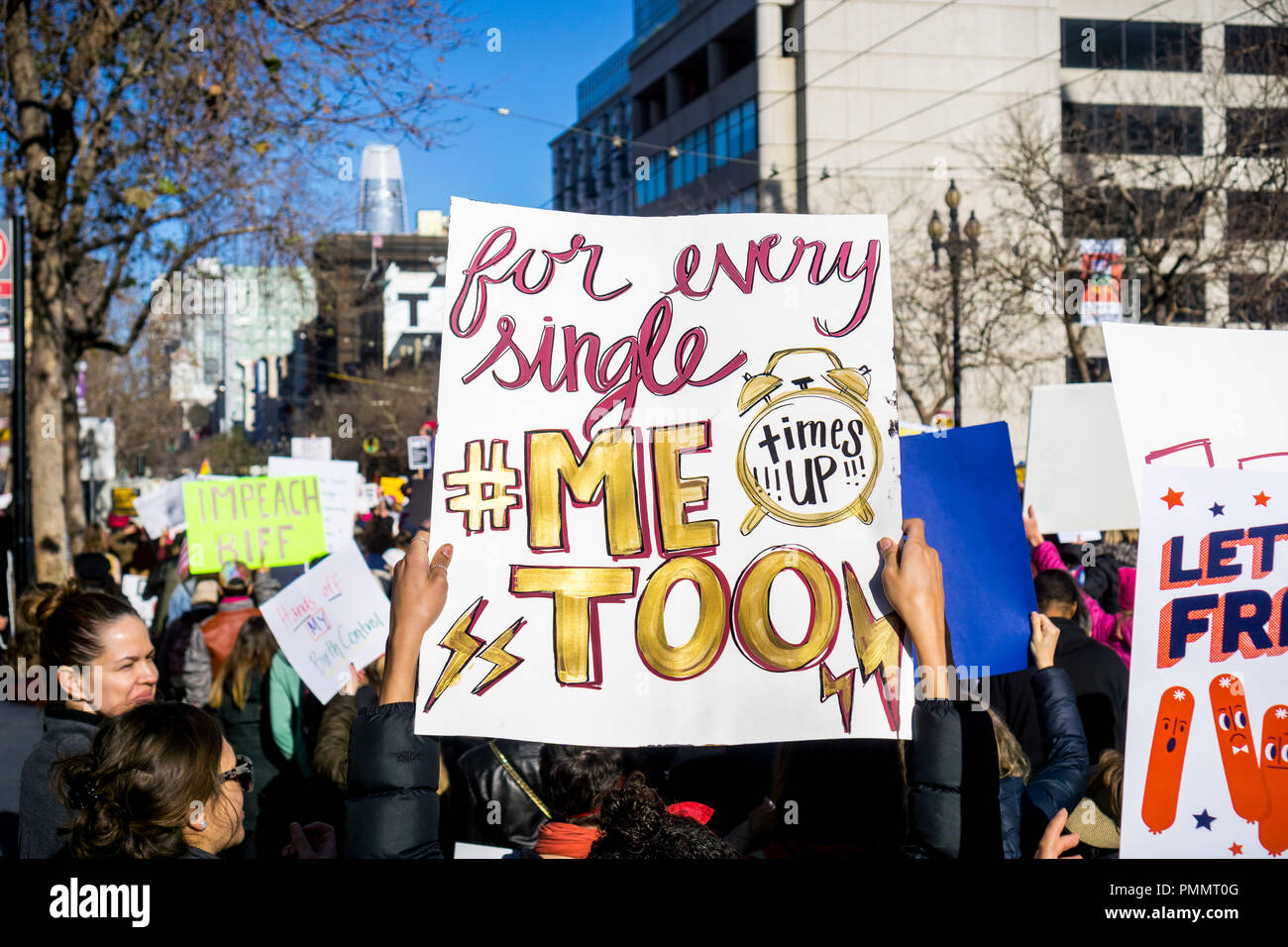 January 20, 2018 San Francisco / CA / USA - Sign displaying the #metoo and #timesup message raised at the Women's March Stock Photo