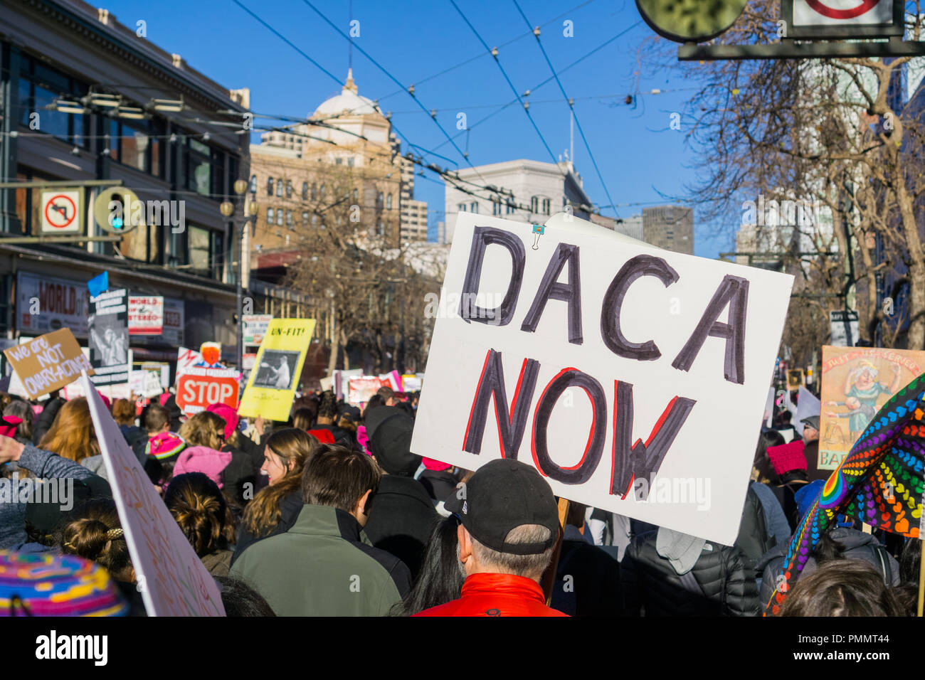 January 20, 2018 San Francisco / CA / USA - 'Daca now' sign carried by a participant at the Women's March Stock Photo