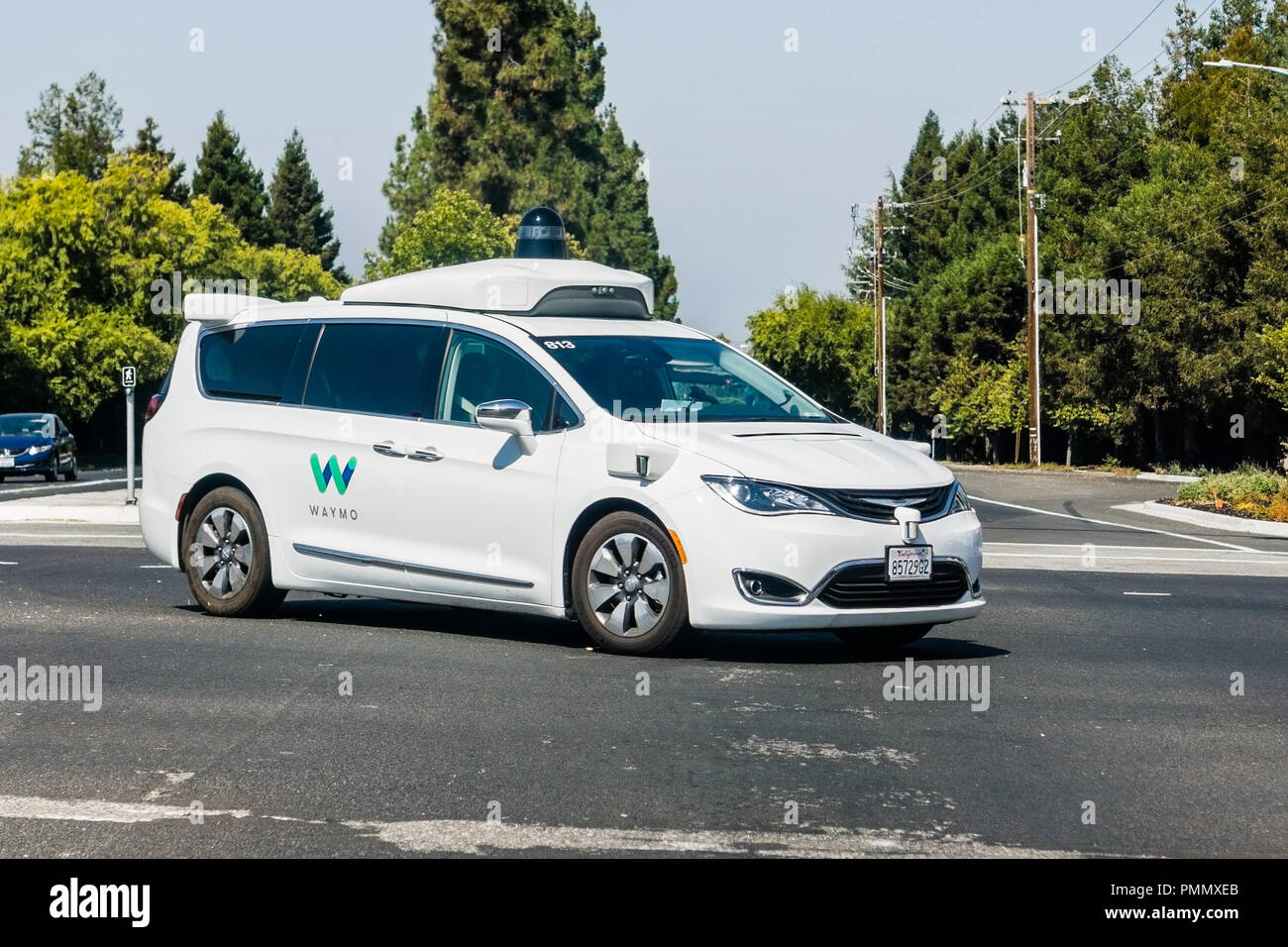 September 6, 2018 Mountain View / CA / USA - Waymo self driving car performing tests on a street near Google's headquarters, Silicon Valley Stock Photo