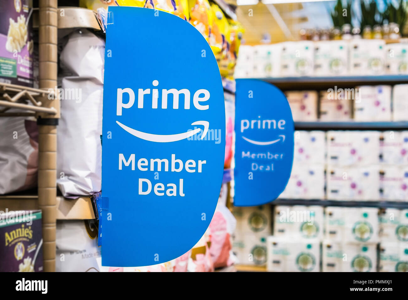 September 6, 2018 Los Altos / CA / USA - Amazon Prime Member Deal sign displayed inside a Whole Foods store in south San Francisco bay area Stock Photo