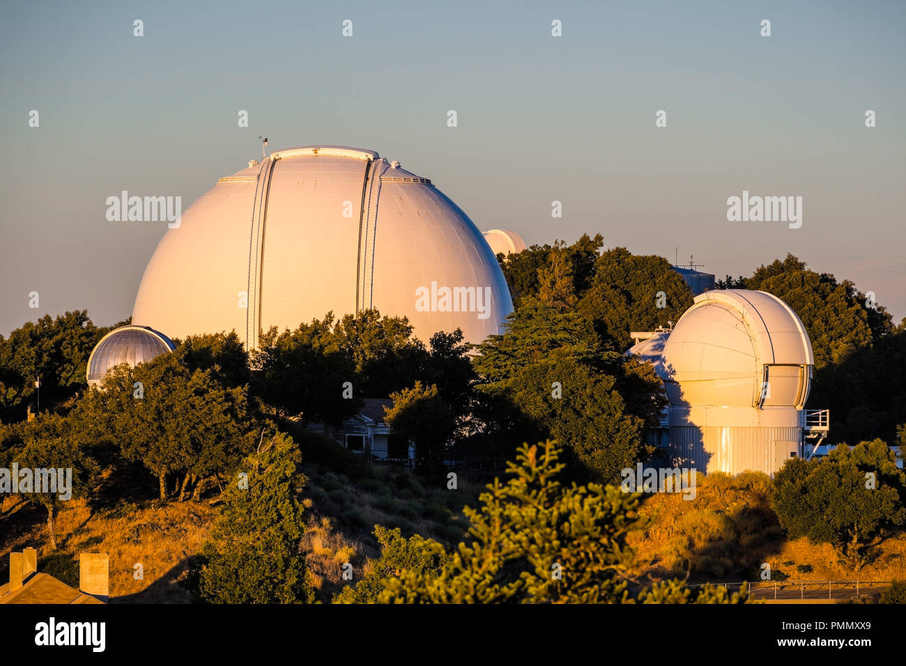 Sunset view towards Shane Observatory and the Automated Planet Finder telescope, Mt Hamilton, San Jose, San Francisco bay area, California Stock Photo
