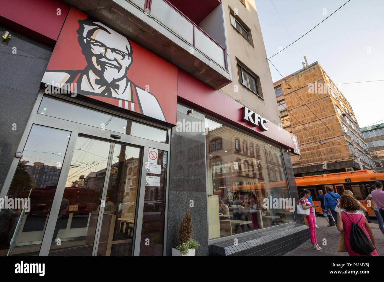 BELGRADE, SERBIA - SEPTEMBER 18, 2018: Logo of KFC on their main restaurant for Belgrade. Kentucky Fried Chicken is an American fast food restaurant c Stock Photo