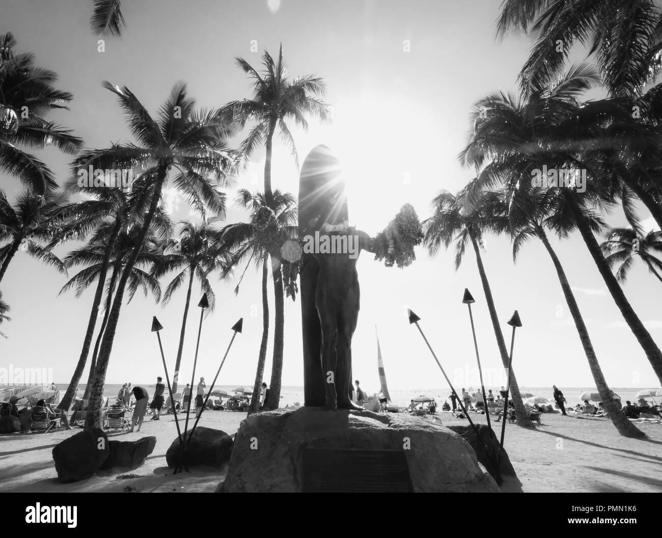 The majestic statue of Duke Kahanamoku in Waikiki beach, Hawaii. Stock Photo