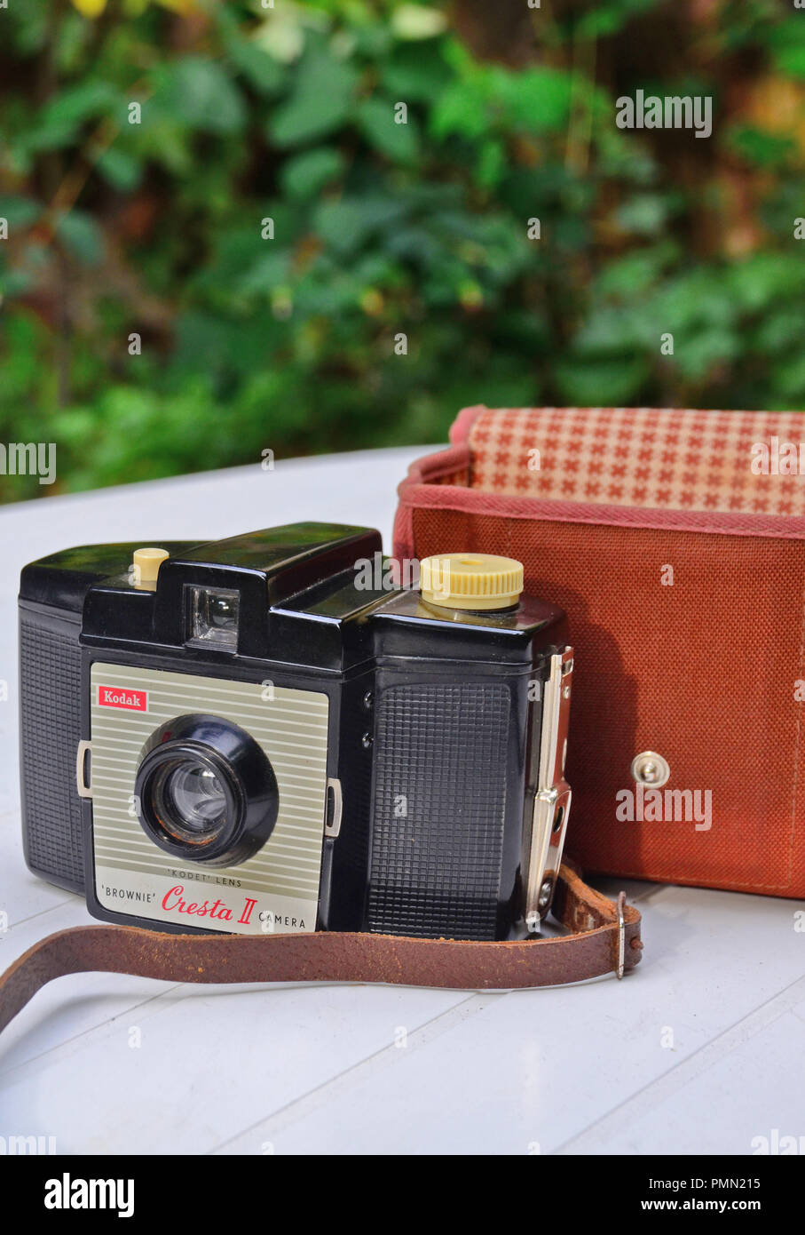 The vintage  Brownie Cresta II camera with its shoulder bag / case. Stock Photo
