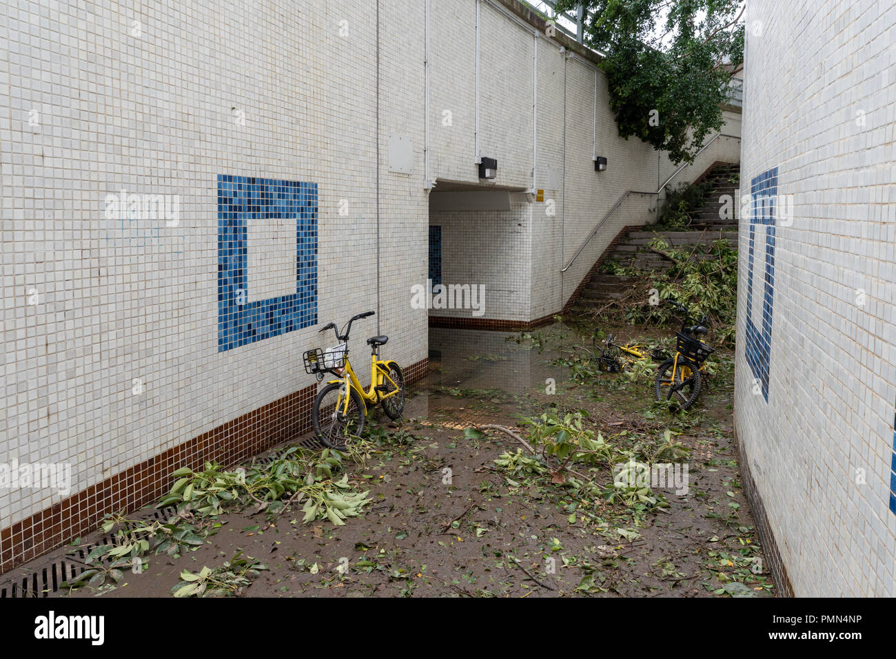 HONG KONG, SEP 17, 2018: Flooded tunnel, after Super Typhoon Mangkhut hit Hong Kong Stock Photo