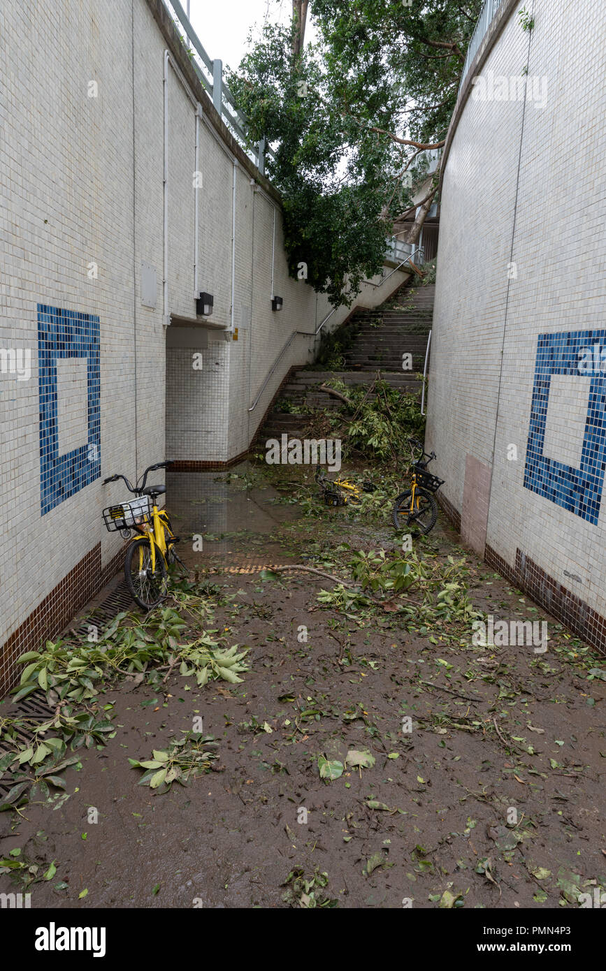 HONG KONG, SEP 17, 2018: Flooded tunnel, after Super Typhoon Mangkhut hit Hong Kong Stock Photo