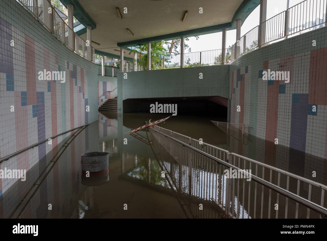 HONG KONG, SEP 17, 2018: Heavy flooding in downtown tunnel, after Super Typhoon Mangkhut hit Hong Kong Stock Photo