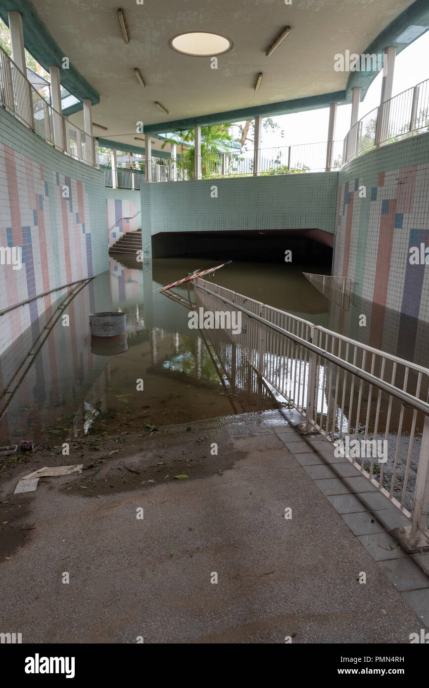HONG KONG, SEP 17, 2018: Heavy flooding in downtown tunnel, after Super Typhoon Mangkhut hit Hong Kong Stock Photo