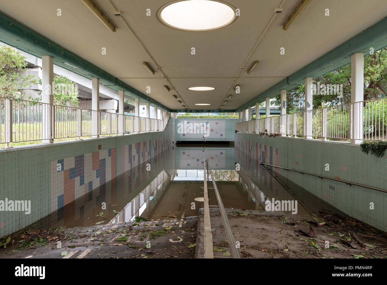 HONG KONG, SEP 17, 2018: Heavy flooding in downtown tunnel, after Super Typhoon Mangkhut hit Hong Kong Stock Photo