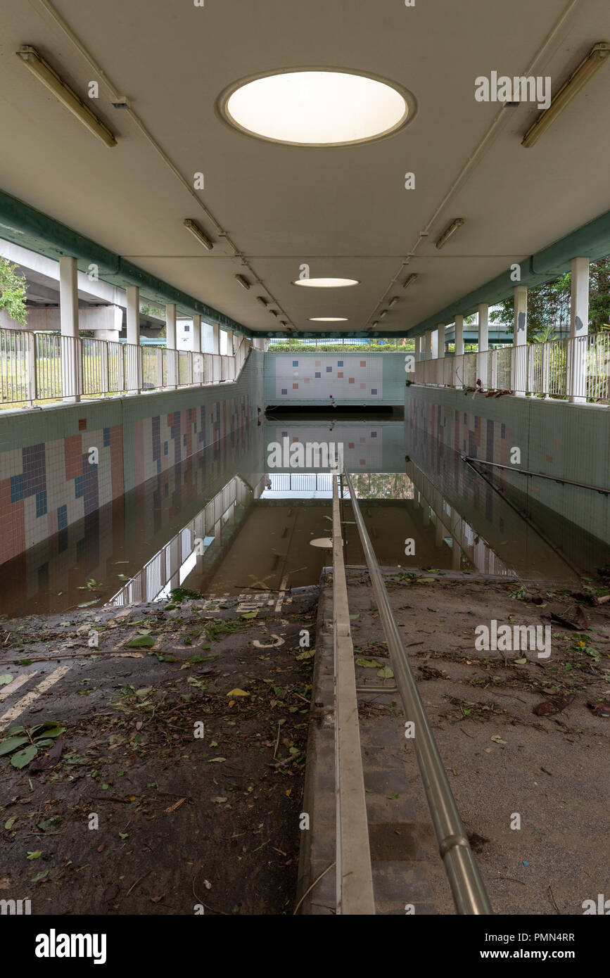 HONG KONG, SEP 17, 2018: Heavy flooding in downtown tunnel, after Super Typhoon Mangkhut hit Hong Kong Stock Photo