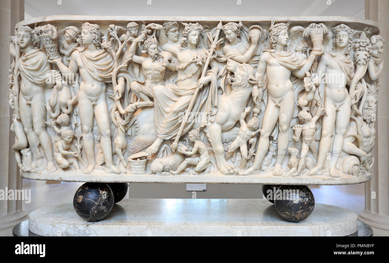 Roman sarcophagus marble relief sculpture including boy and goat Stock Photo