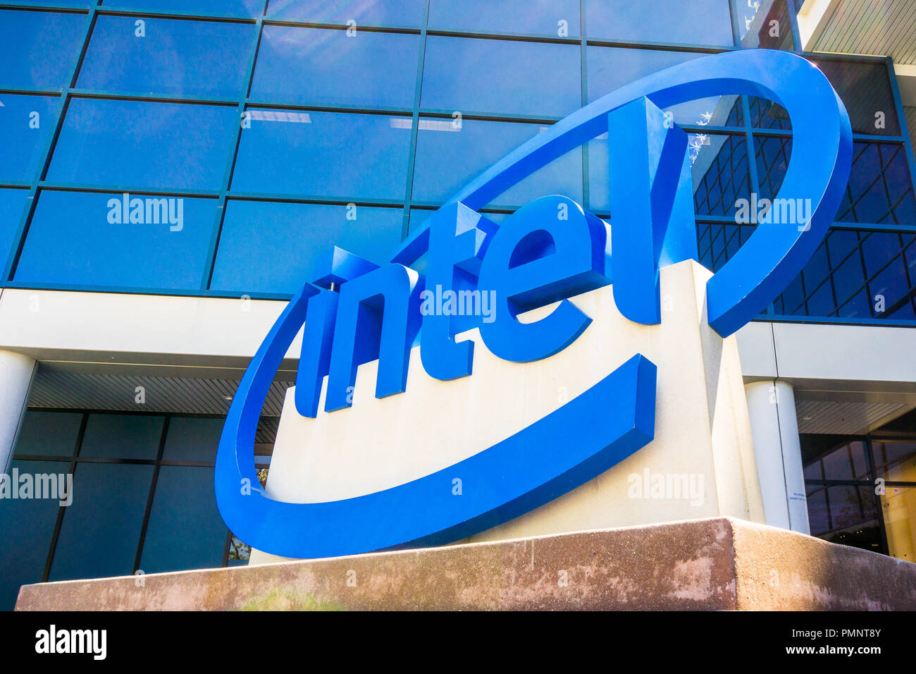 May 3, 2018 Santa Clara / CA / USA - Intel sign located in front of the entrance to the offices and museum located in Silicon Valley Stock Photo