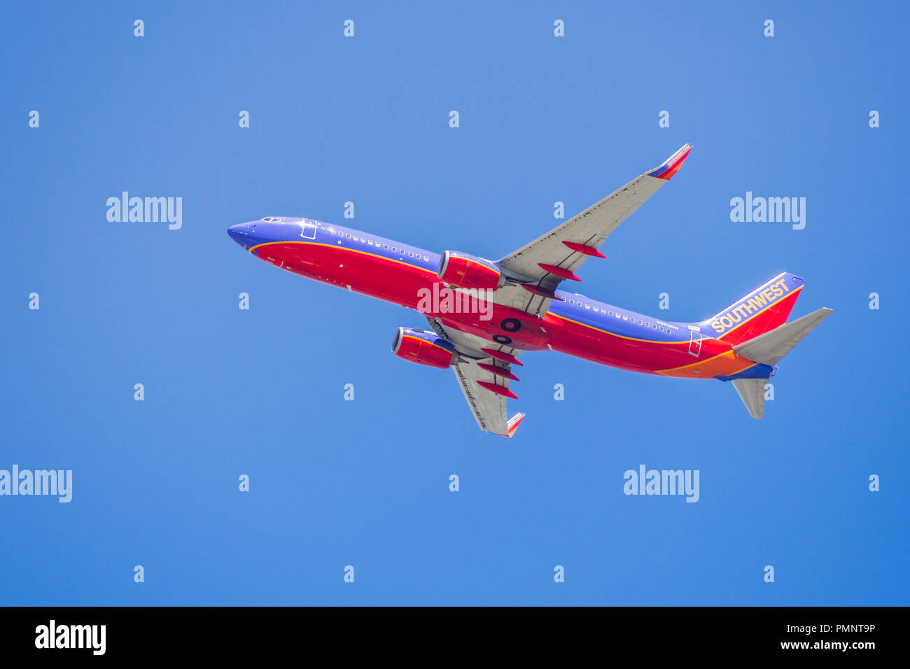 May 3, 2018 Santa Clara / CA / USA - Southwest Airlines aircraft up in the air after taking off from Norman Y. Mineta San Jose International Airport Stock Photo
