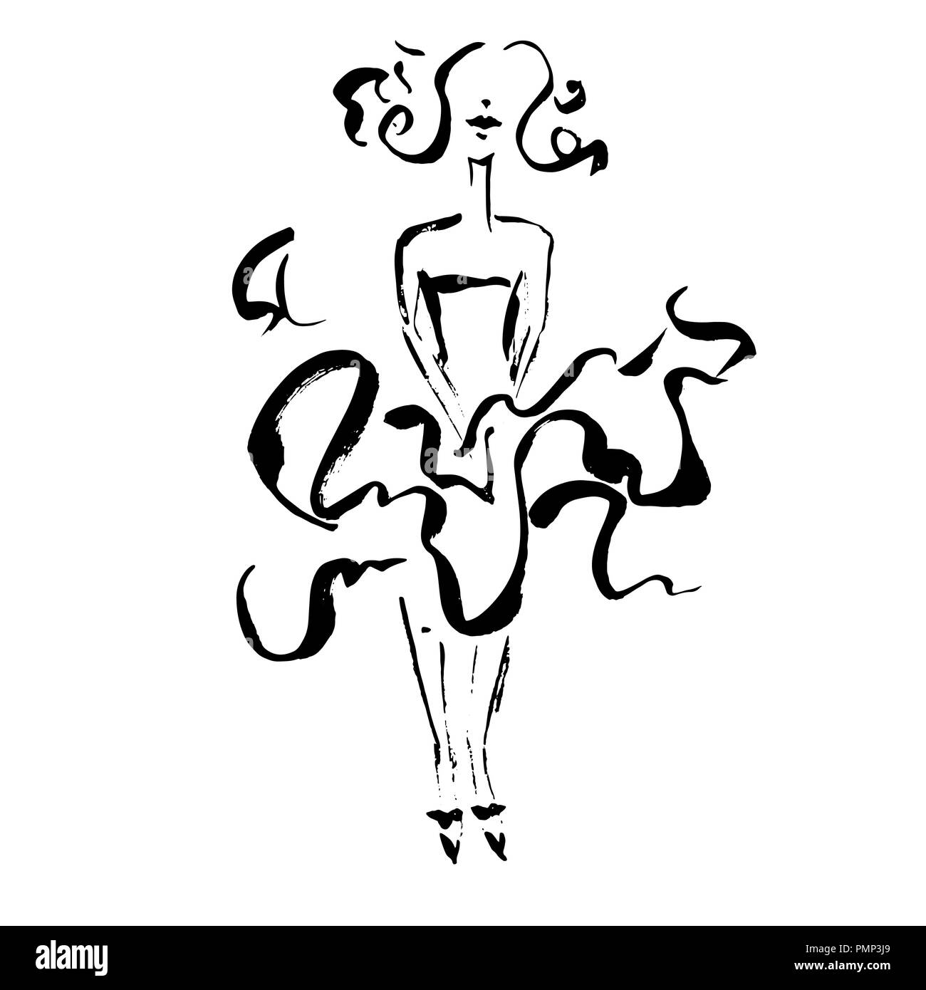Simple print of girl in dress. Dry brush silhouette. Vector