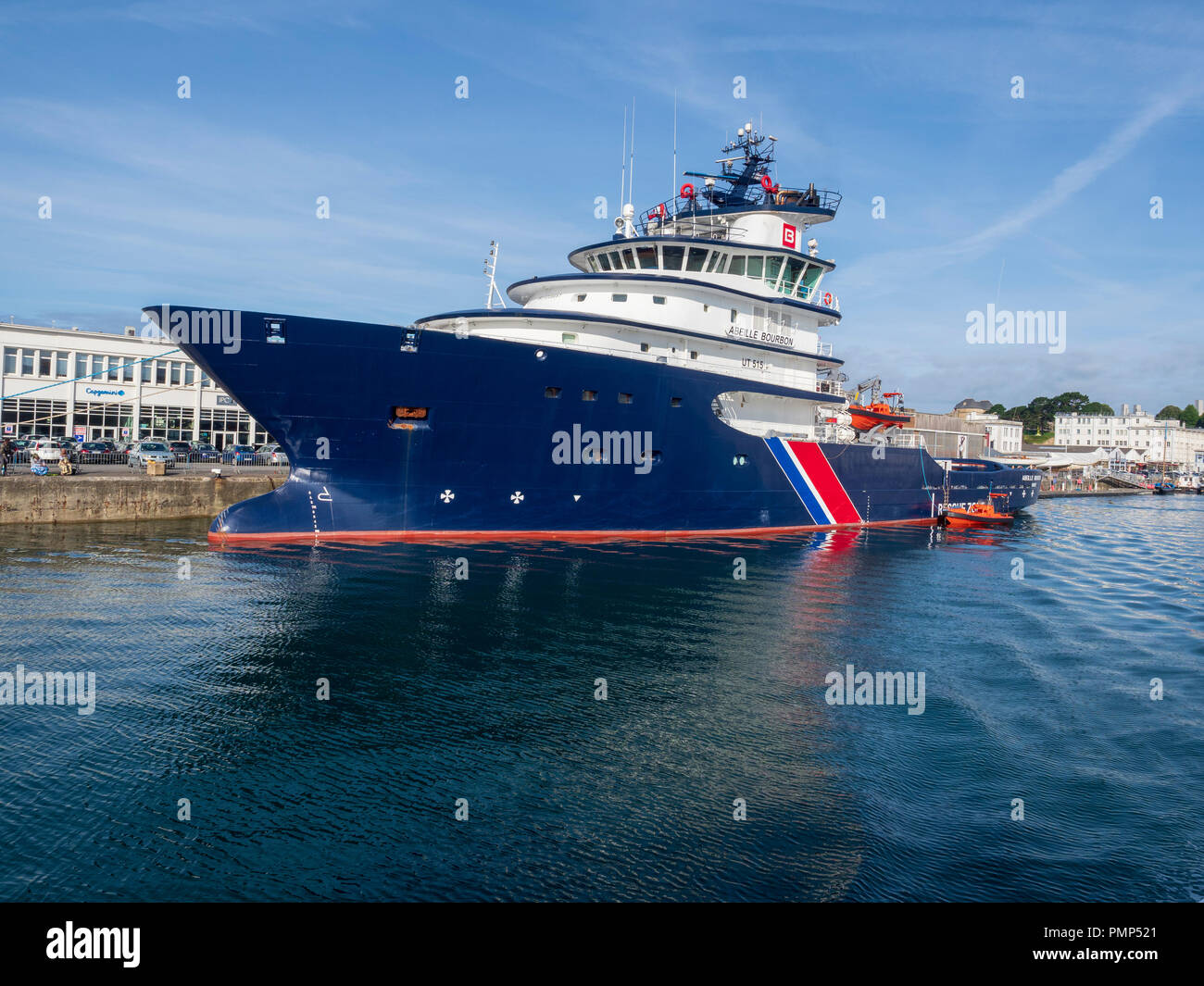 The tug boat of open sea " the Bee Bourbon " moored in the port of Brest. Stock Photo