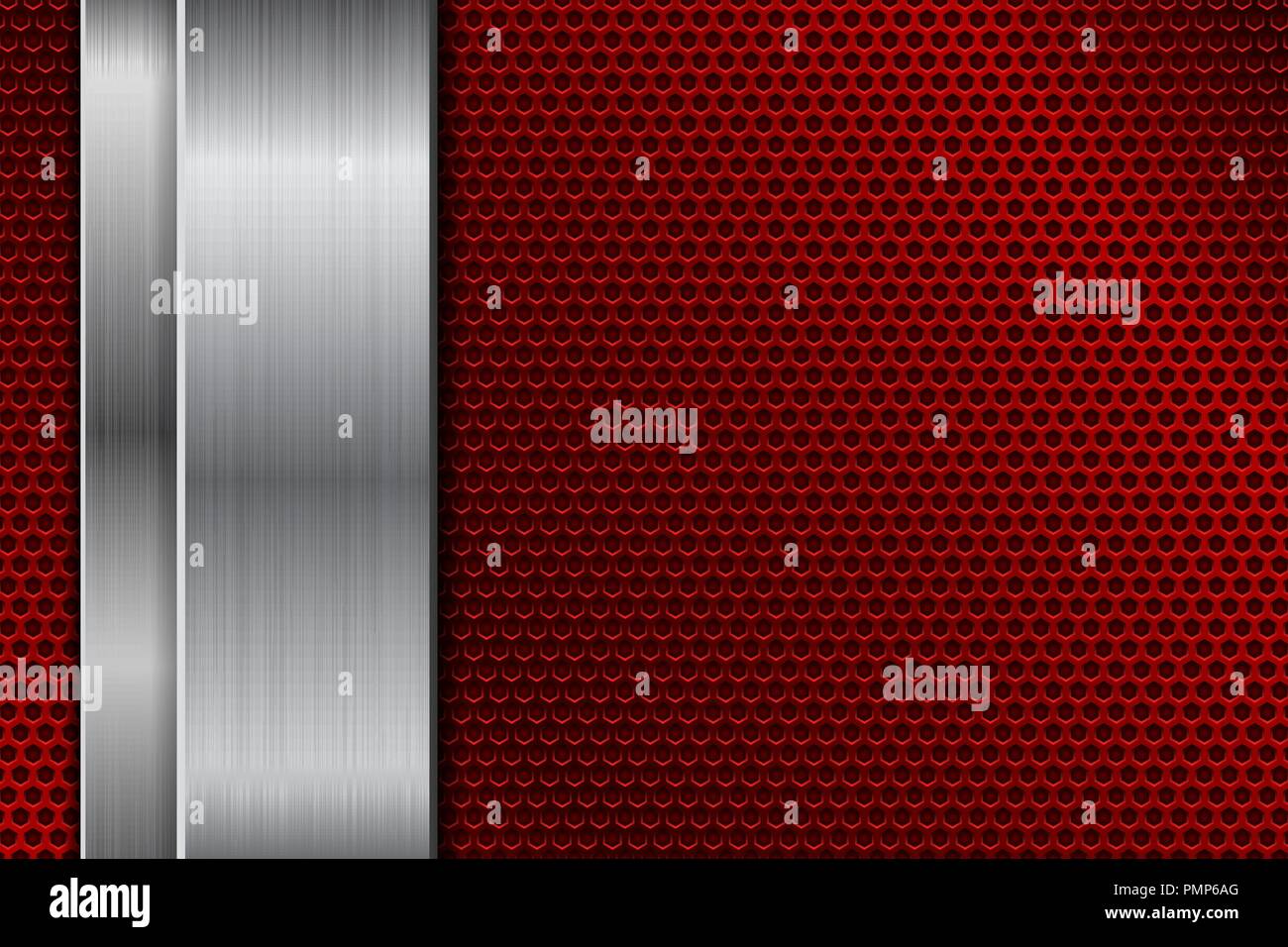 Red metal perforated background with vertical stainless steel plate ...