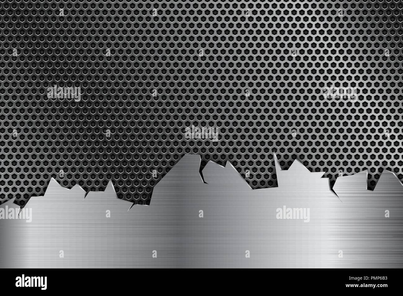 Metal perforated background with stainless steel element with torn
