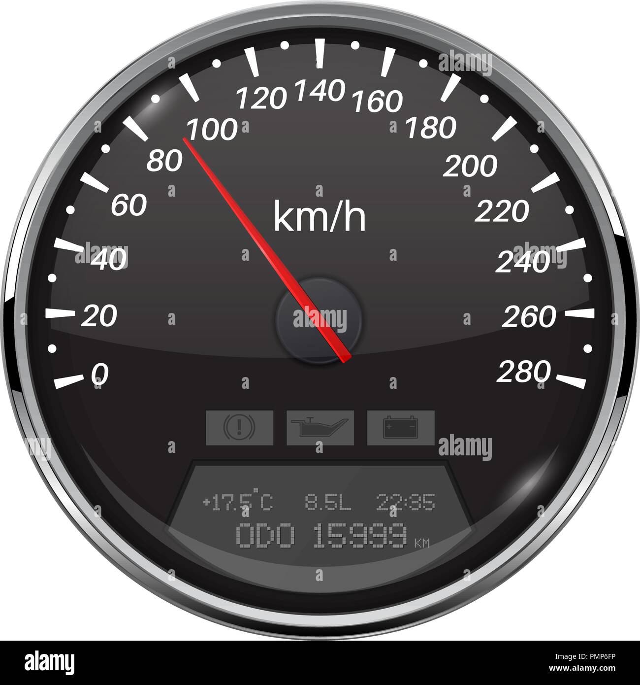 Speedometer. Black speed gauge with metal frame. 90 km per hour Stock