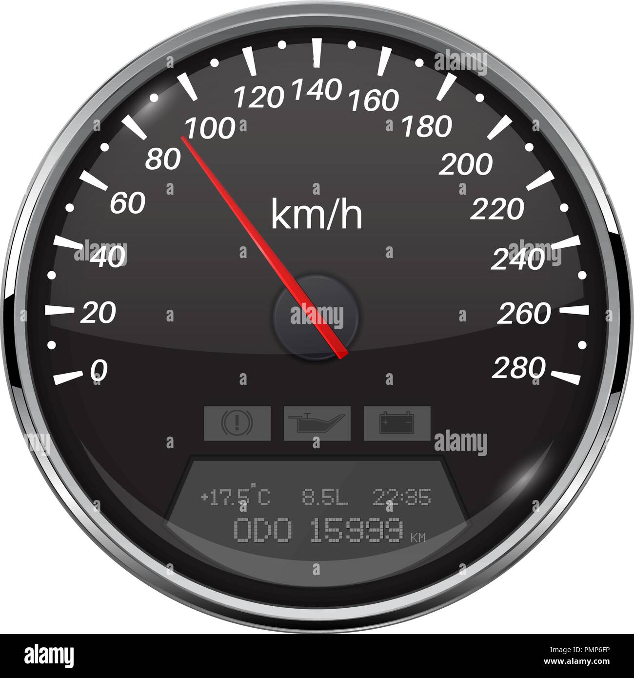 Speedometer. Black speed gauge with metal frame. 90 km per hour Stock Vector