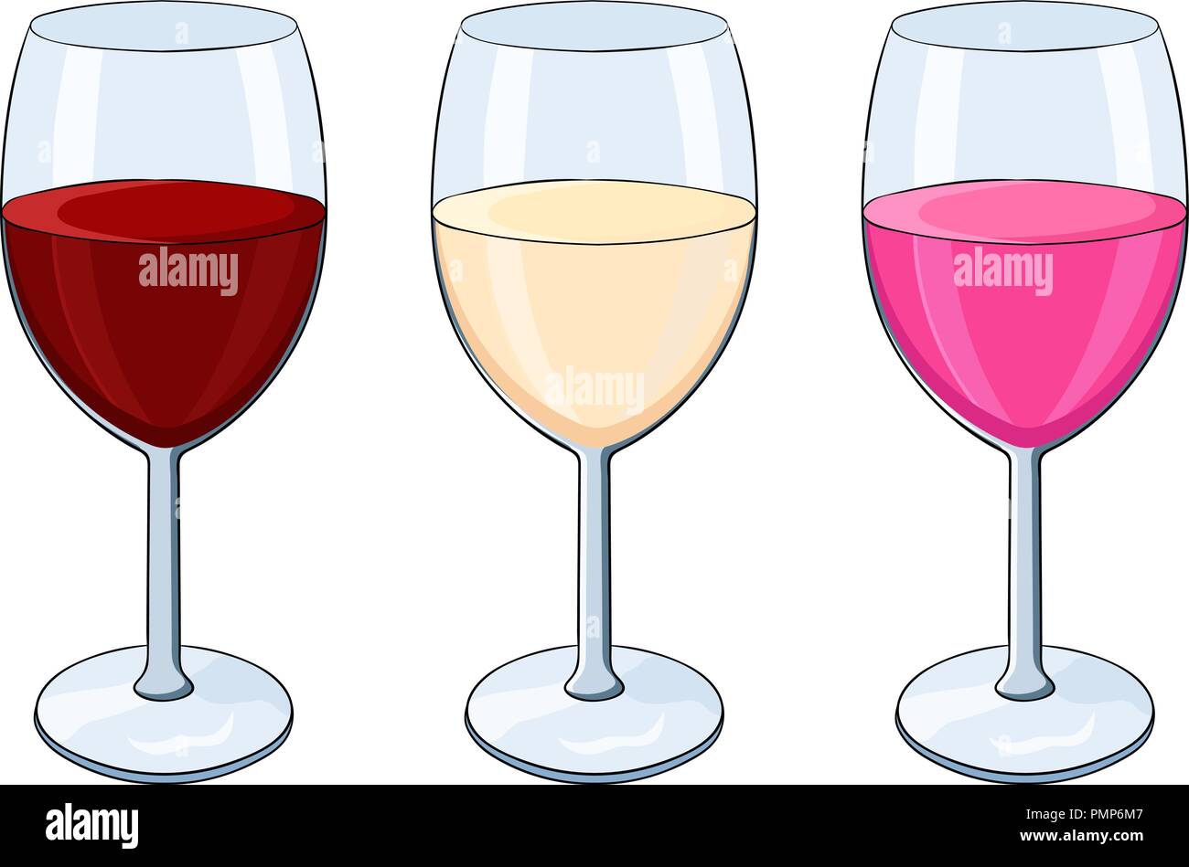 Glass of wine. Red, white and rose wine. Colored doodle Stock Vector