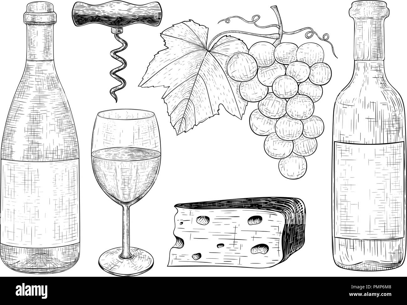 Wine set. Botlle of wine, glass, grapes, cheese, corkscrew. Hand drawn sketch. Vintage style Stock Vector