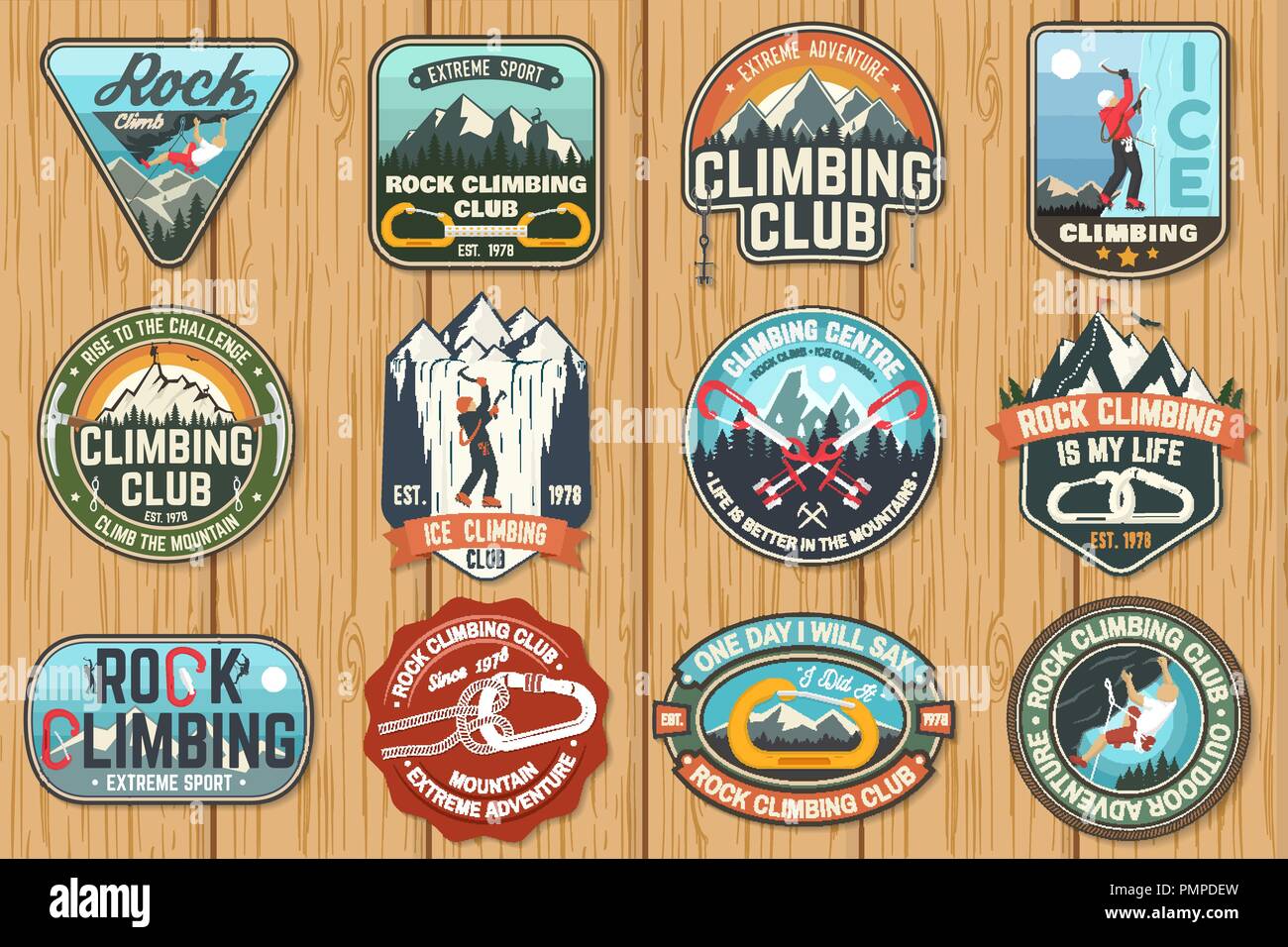 Set of Rock Climbing club badges on the wood board. Vector. Concept for shirt or print, stamp