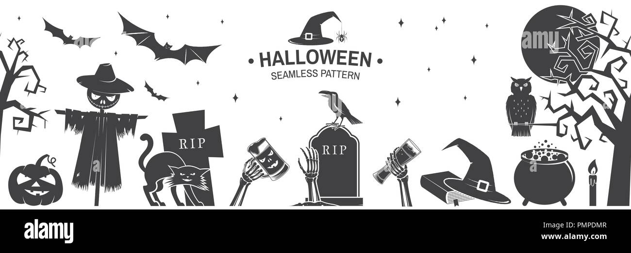 Seamless pattern for Halloween celebration silhouette. Halloween background with flying bats, old farm, moon, tree, spider and ghost silhouette. Vector illustration. Stock Vector